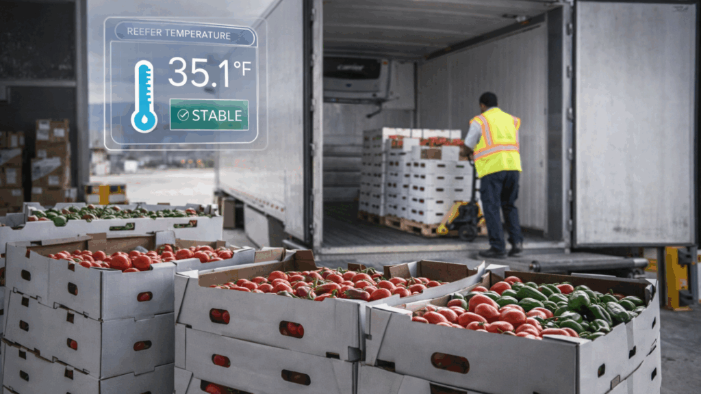 Reefer trailer loaded with produce showing stable temperature monitoring for cross-border refrigerated shipments.