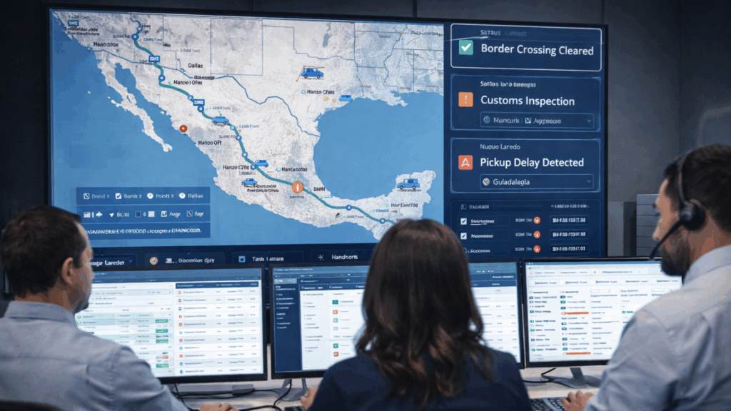 Cross-border freight brokerage control tower monitoring shipments, border status, and delay alerts across Mexico and the U.S.