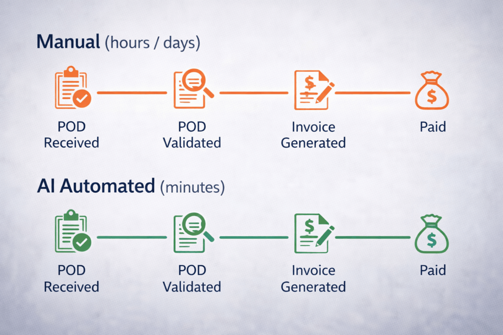 AI-automated rate-to-cash workflow showing POD verified and invoice generated in minutes