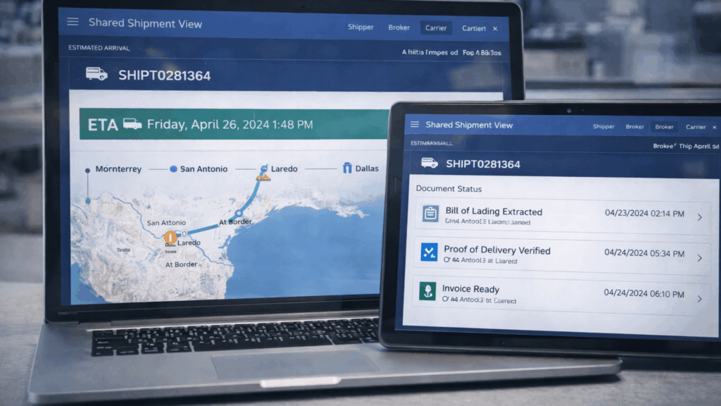 Broker-carrier digital workflow showing tender sent, broker accepted, rate confirmed, POD uploaded, and payment triggered.