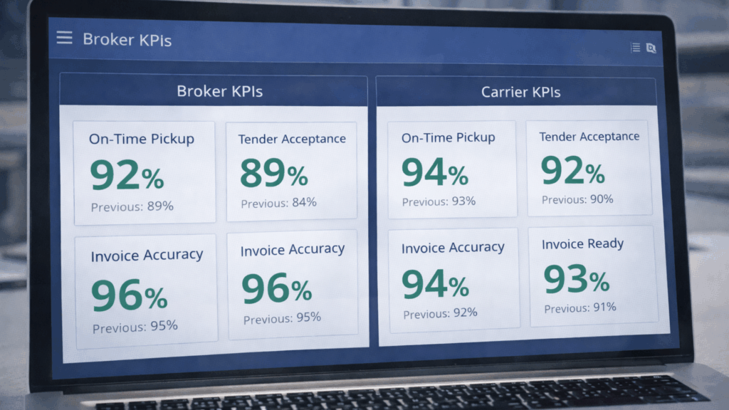 Shared shipment view in a TMS showing ETA, route progress, document status, and proof of delivery verification.
