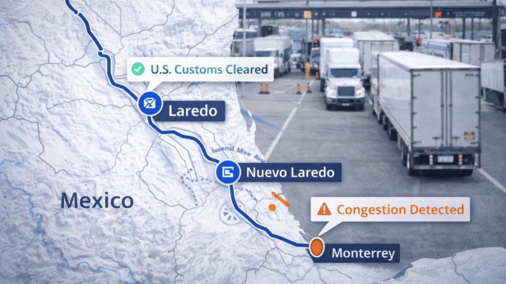 Cross-border freight route through Laredo and Monterrey showing customs clearance and congestion alerts.