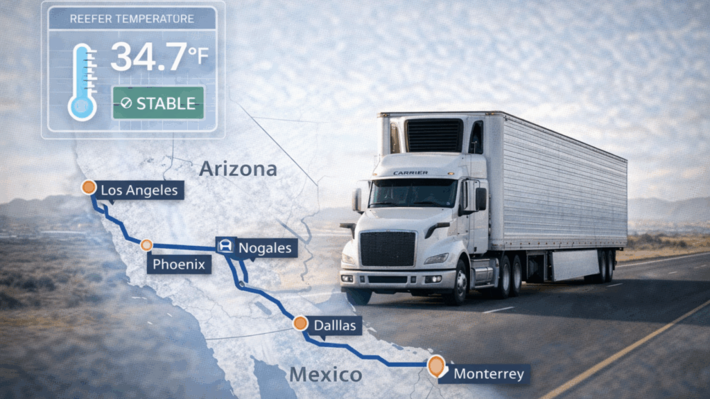 Reefer truck route from Los Angeles through Arizona to Dallas and Monterrey with stable temperature monitoring.