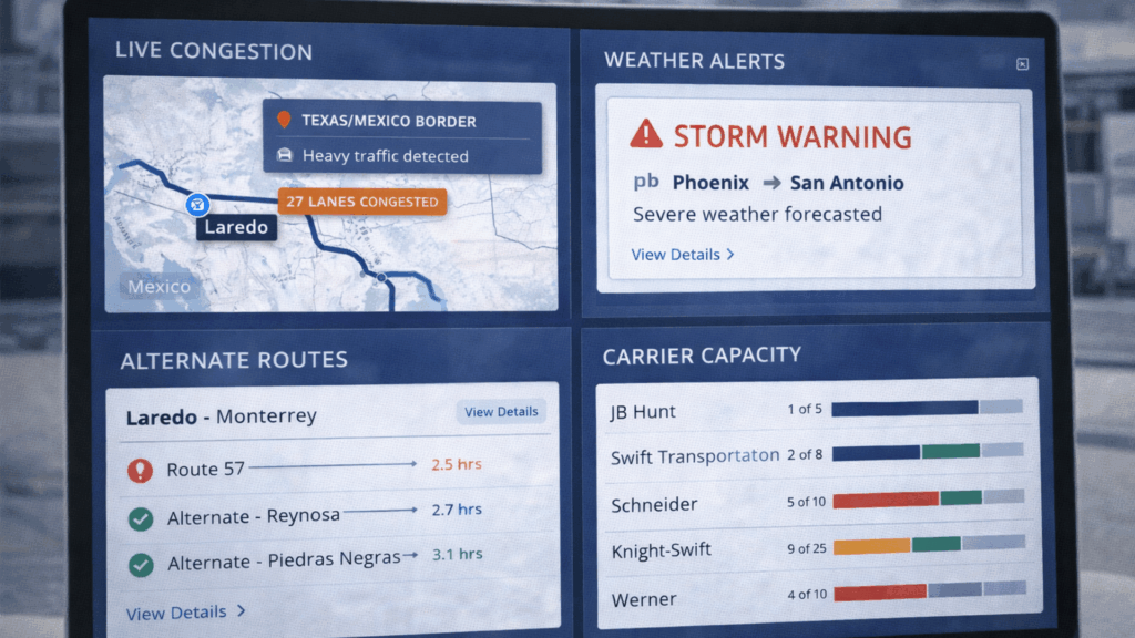 Logistics dashboard showing live congestion, weather alerts, alternate routes, and carrier capacity for Southwest freight lanes.