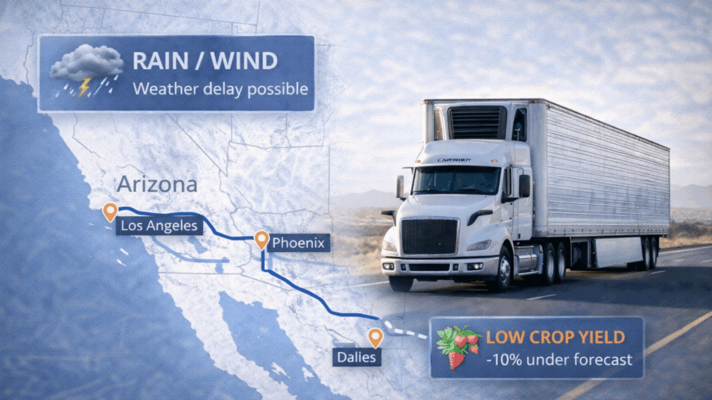 Reefer truck on a Southwest freight route with weather and crop-yield alerts affecting produce shipping demand.