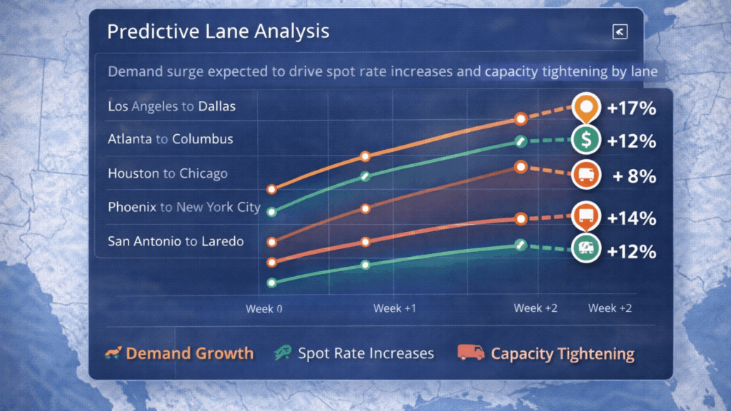 Predictive lane analysis chart forecasting demand growth, spot rate increases, and capacity tightening across freight lanes.