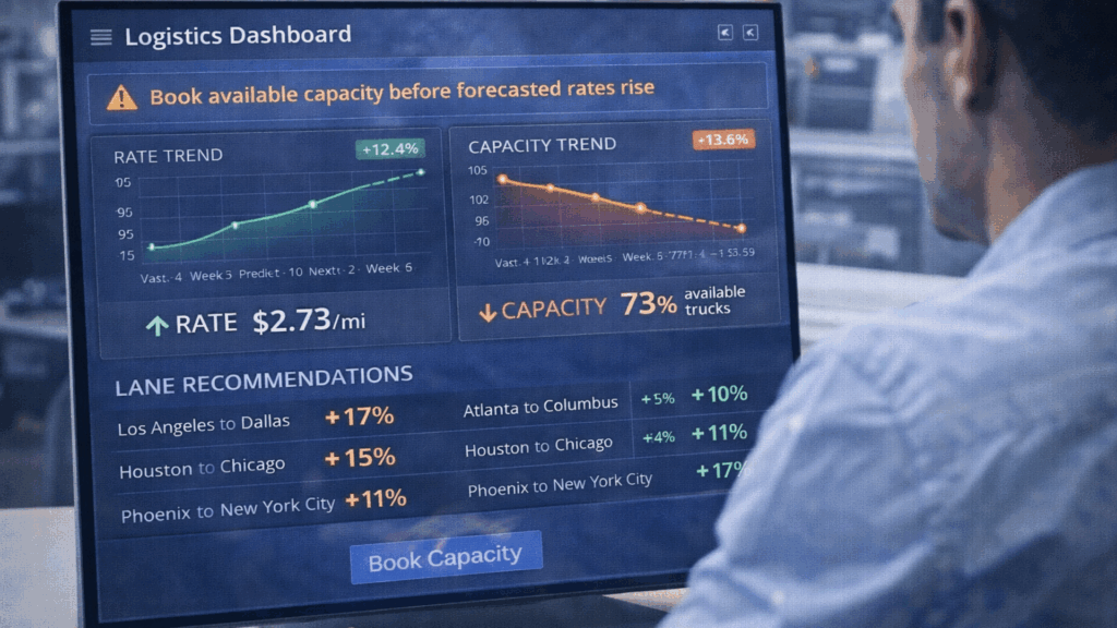 Logistics dashboard recommending booking freight capacity before forecasted rates rise based on predictive analytics.